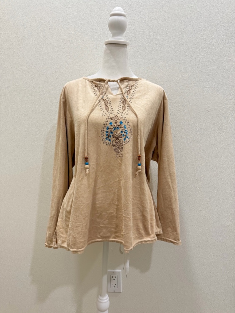 Beaded Embroidered Beige Boho Top
